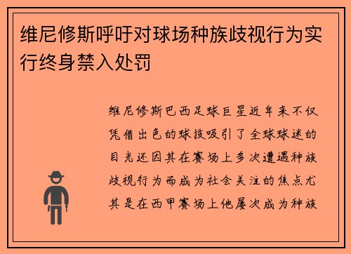 维尼修斯呼吁对球场种族歧视行为实行终身禁入处罚 维尼修斯呼吁对球场种族歧视行为实行终身禁入处罚